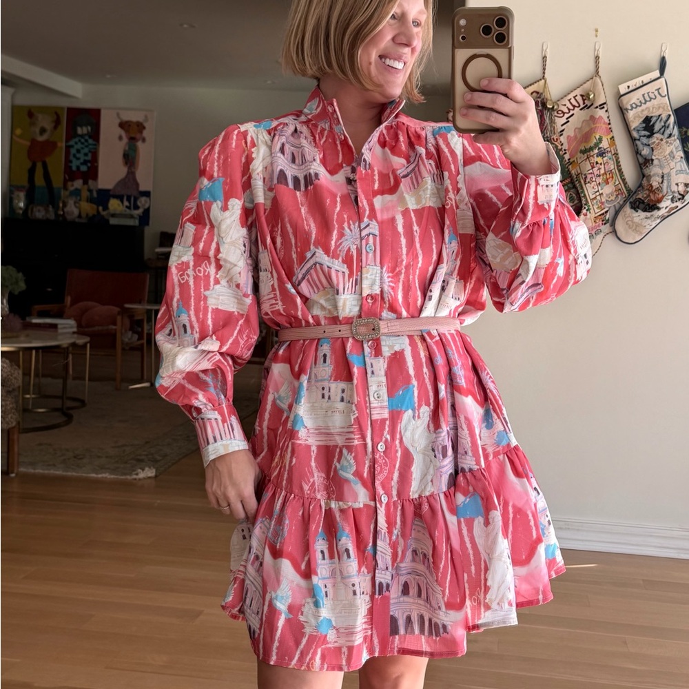 Beulah Size Large Button Pink Italy Rome Printed Midi Dress Landscape Puff Slv
